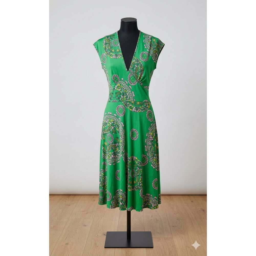 Nieves Lavi Green 100% Silk Dragon Tie Waist Dress Y2K 90s Vintage Size 0